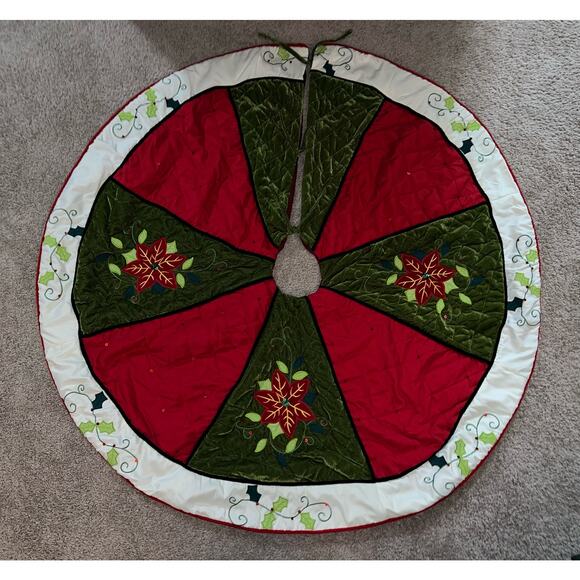 50" Poinsettia Velvet Sateen Pierced Quilted Embroidered Christmas Tree Skirt - Picture 3 of 12